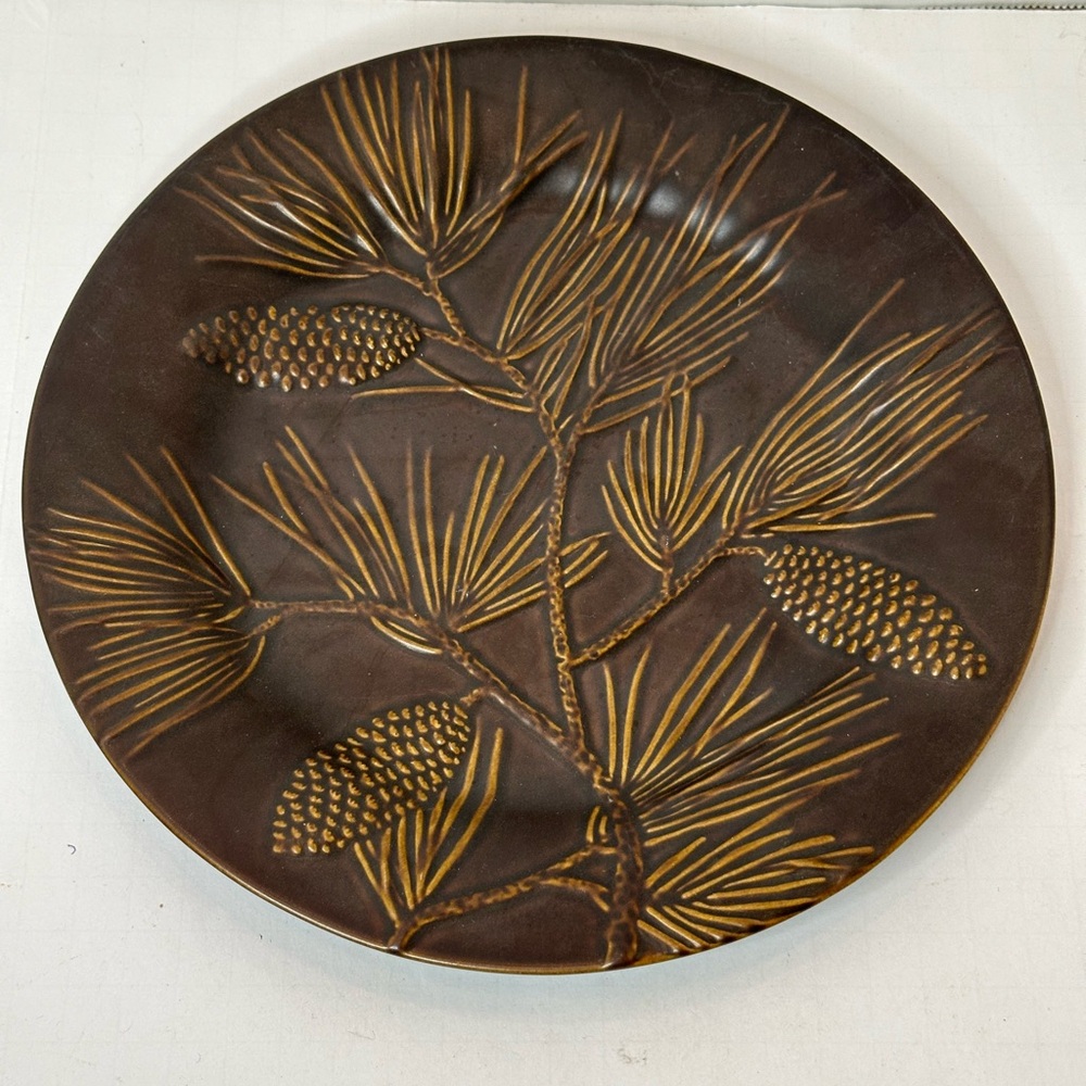 Seasons of Cannon Falls Embossed Brown Pinecone 10 inch Ceramic Plate